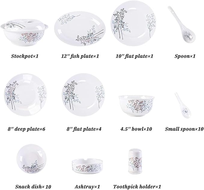 Dinnerware Set Plates and Bowls Sets 46 Pieces Plain And Elegant Pattern Dinnerware Set | Porcelain Steak Plate Cereal Bowl And Soup Pot