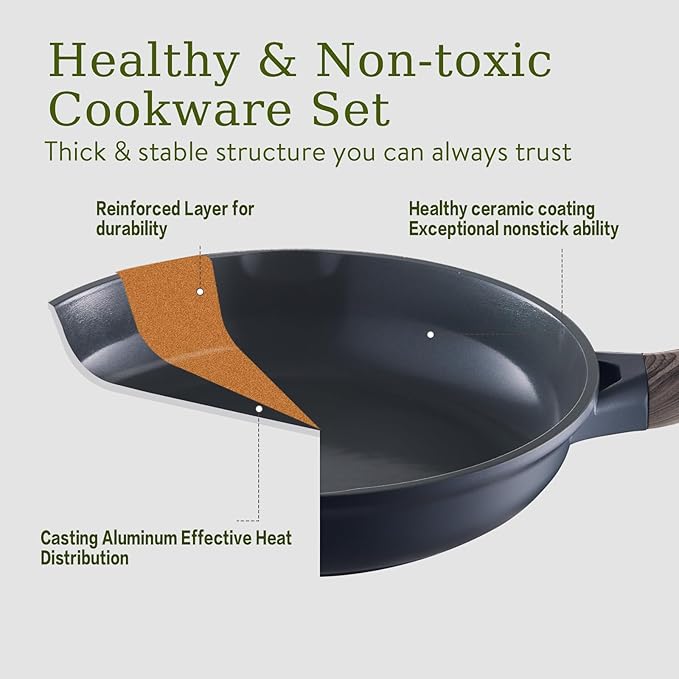 22Pcs Pots and Pans Set Non Stick Non-Toxic Ceramic Cookware Sets Nonstick Kitchen Pot and Pan Set With Lid Gray Granite Induction Compatible with Glass Lids 10 Griddles Frying Pan PFOA/PFOS-Free