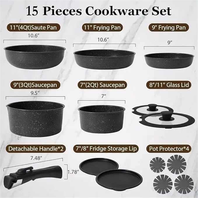 15Pcs Pots and Pans Set Nonstick Kitchen Cookware Set with Detachable Handle Induction Cookware DishwasherWhite15 Pc-White-15 pc