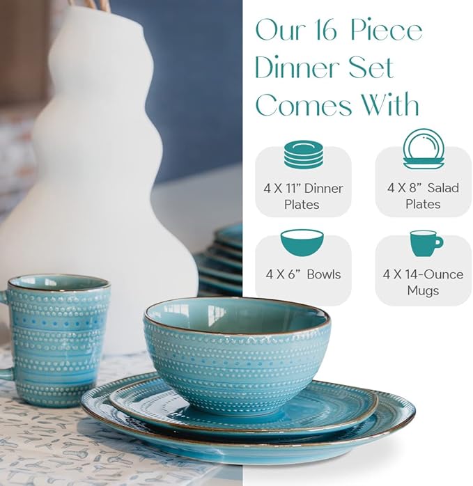 American Atelier 16-Piece Teal Stoneware Dinnerware Set - Includes Dinner Plates Salad Plates Bowls Mugs