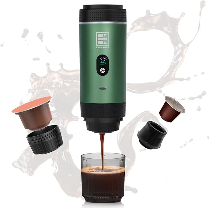 Portable Electric Espresso Machine Travel Coffee Maker Brewer Compatible with Ground Coffee &amp NS Capsules (Green with LCD Screen)