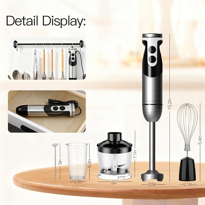 MegaWise Blender Handheld 12-Speed Stainless Steel Electric Hand Blender 5 in 1 Immersion Handheld BlenderTitanium Blades Hand Blender Milk Frother Wandwith 600ml Whisk Beaker and Chopper (black)