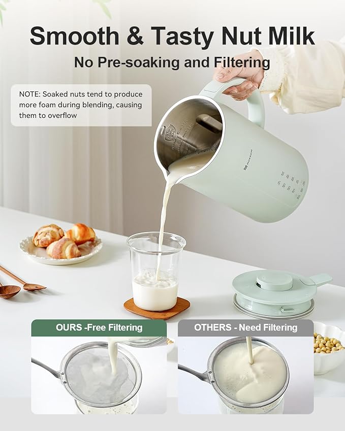 MOKKOM Nut Milk Maker 42oz Automatic Almond Milk Machine for Homemade Plant-Based Milk Oats Soy Dairy Free Beverages Soy Milk Maker with Delay Start/Keep Warm/Self-Cleaning/Boiling Green