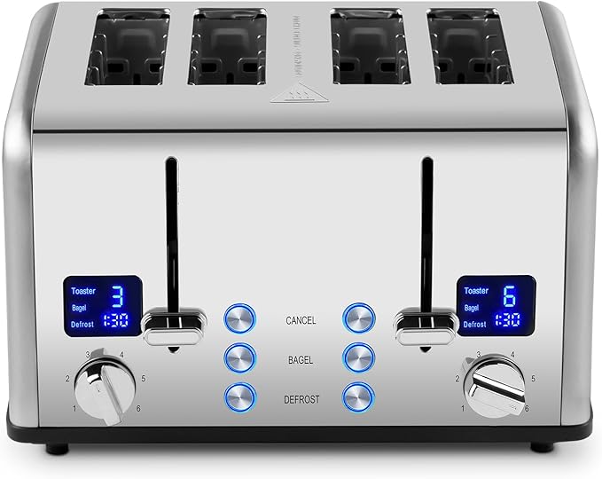 Stainless Steel Toaster CUSIMAX 4 Slice Toaster with Smart LED Display Exart Wide Slots 6 Shade Settings 1650 Watts Bagel and Defrost Fuction Cancel Button Removable Crumb Trays