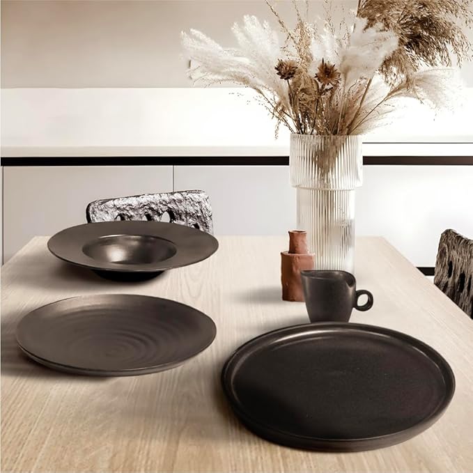 Artesa Handmade Ecuadorian Ceramic 4-Piece Rustic Dinnerware Set – Metallic Brown Includes 11-inch Dinner Plate 8-inch Salad Plate Pasta Bowl Cup &amp Saucer Microwave Safe