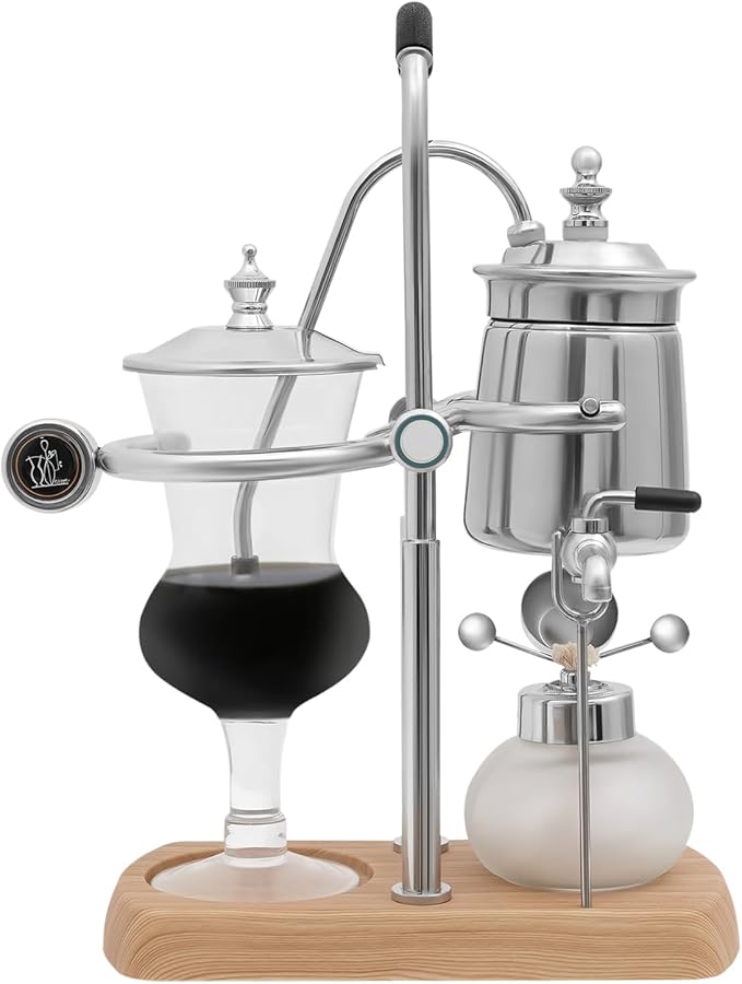 Belgian Balance Siphon Coffee Maker 500ml Vintage Vacuum Brewing System with Alcohol Burner Retro Design for Home or Cafe Use (Silver)