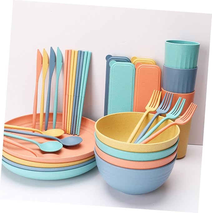 4sets Portable Cutlery Set Straw Bowl Cup Plate Farmhouse Dinnerware Wheatstraw Dinnerware Set