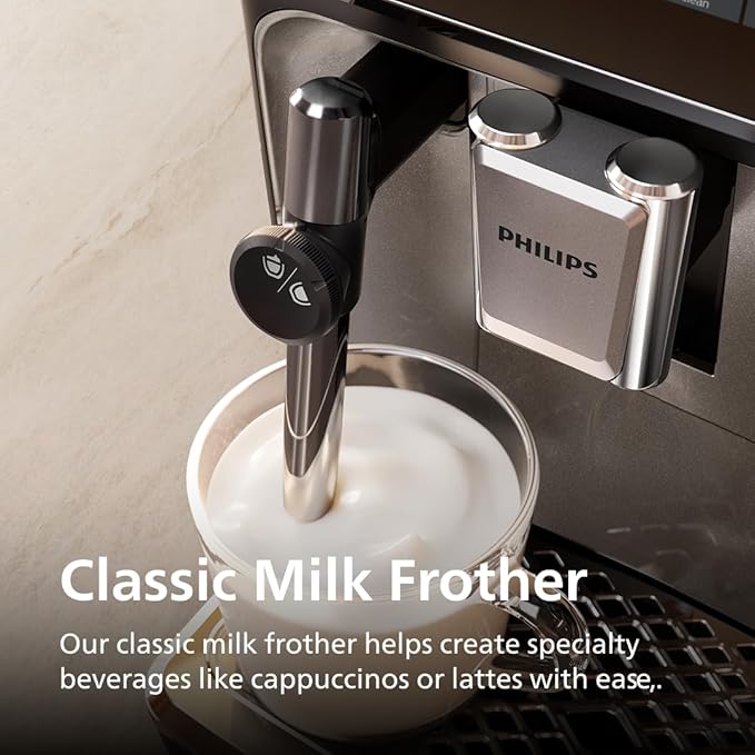 Philips 3300 Series Fully Automatic Espresso Machine with integrated milk frother and grinder 5 Hot &amp Iced Coffee Pre-Sets 40% Quieter SilentBrew 15-Bar Pressure Glossy Black (EP3326/90)