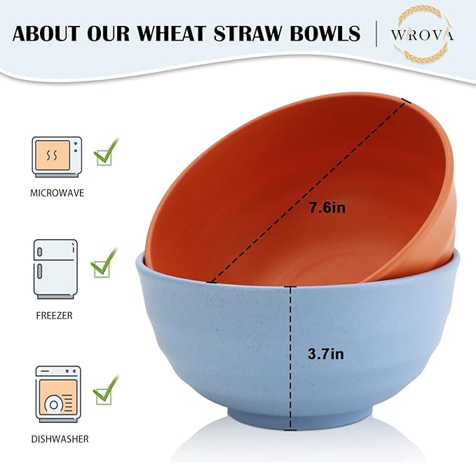 Wrova wheat straw bowls and plates sets with 16oz mugs - unbreakable dinnerware sets of 20 - Vibrant Series