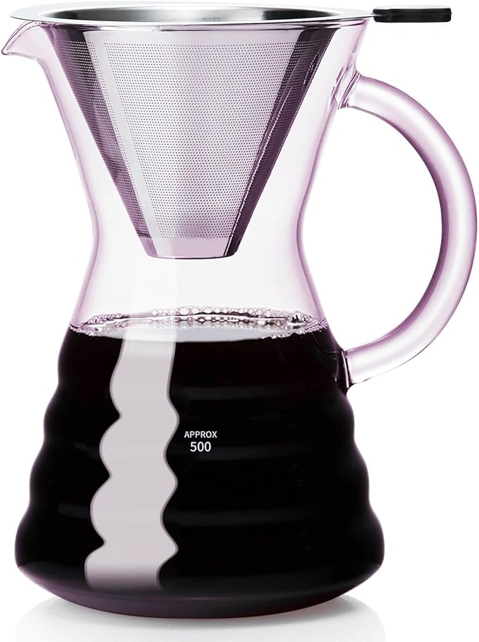 Unbreakable - Pour Over Coffee Maker with Permanent Stainless Filter 27 fl oz Thickened Heat-Resistant Borosilicate Glass Dripper Coffee Brewer Stovetop Safe Pink