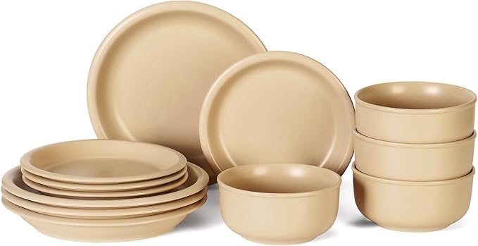 GZG Vintage Series - Ceramic Dinnerware Set for 4 12 Pieces Stoneware Plates and Bowls Set Lead-Free Handcrafted Dishes Set Microwave &amp Dishwasher Safe - Warm Apricot
