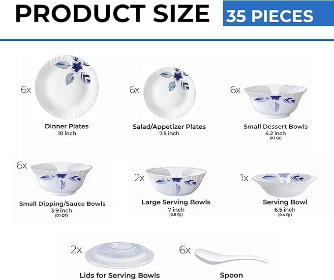 Borosil Gourmet Dinnerware Set For 6 35 Pieces White Dinner Plates and Bowls Sets Chip Resistant Tempered Opal Glass Stain Resistant Dishwasher &amp Microwave Safe Dinner Set For Gifting Serves