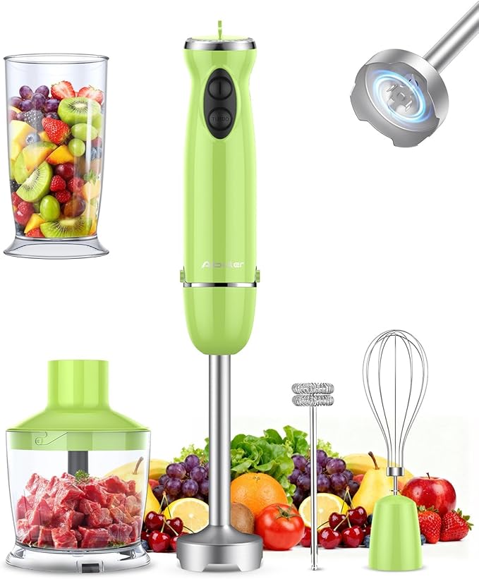 Immersion Blender Handheld 5 in 1 Hand Blender 1000W Hand Mixer Stick BPA-Free 12 Speed Handheld Blender with Mixing Beaker Chopper Whisk and Milk Frother for Soup Smoothies Sauce Baby Food