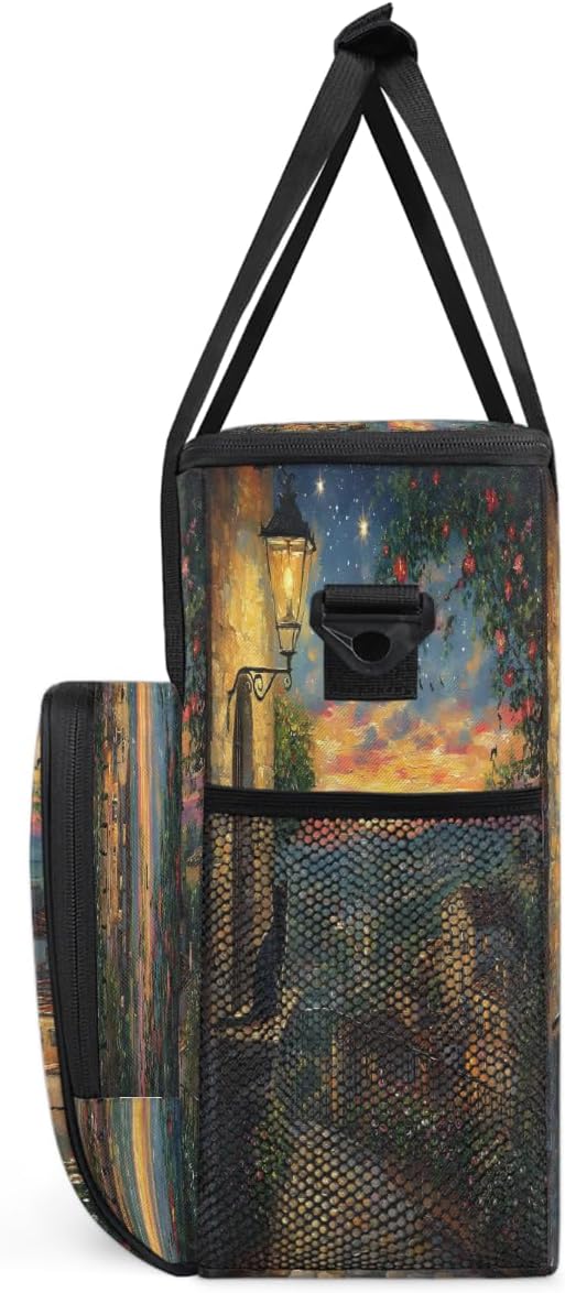 Light Night Scene Cat Flower Coffee Maker Carring Bag Travel Carrying Storage Tote Bag Compatible with Keurig K-Mini or K-Mini Plus Portable Single Serve Coffee Brewer Case with Pockets
