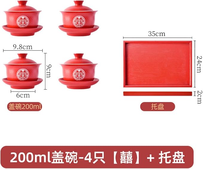 Thcbme 结婚敬茶杯套装改口喜筷喜碗婚庆婚礼用品新人陪嫁茶具礼盒可/Ceramic Dinnerware SetsPlates and Bowls/【囍】 盖碗-4只 托盘