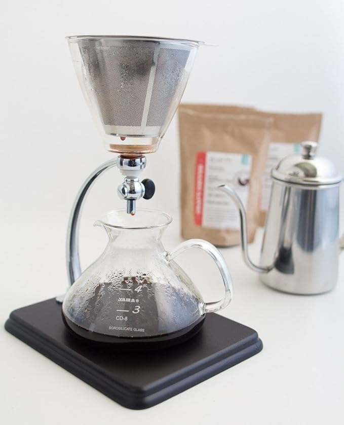 Yama Glass Silverton 16oz Coffee &amp Tea Brewer - Heat-Resistant Borosilicate Glass with Black Wood Base and Stainless Steel Filter