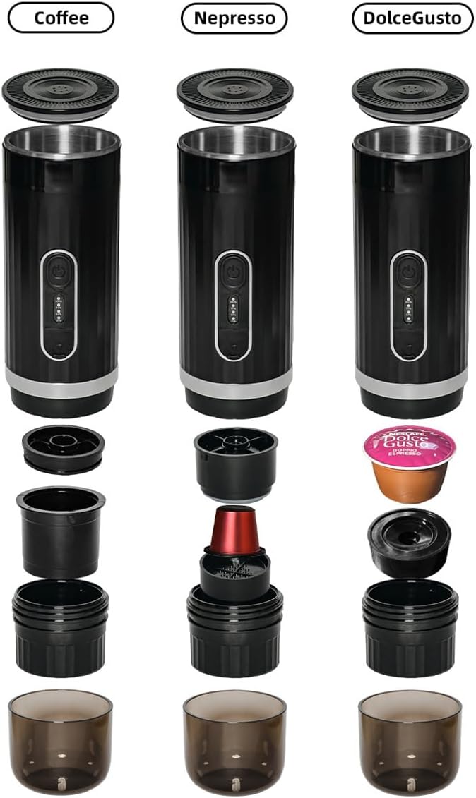 HURRISE Portable Espresso Machine 3-in-1 Cordless Coffee Maker Compatible with Capsules and Ground Coffee Electric Italian Espresso Machine for Car Home Office Travel Camping