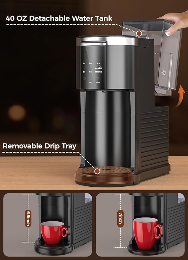 Single Serve Coffee Maker 2 in 1 Kcup Pod &amp Ground Coffee Brewer 40 Oz Removable Water Tank 5 Brew Sizes 6-14 Oz Self-cleaning Fast Heating Coffee Machine for Home Office