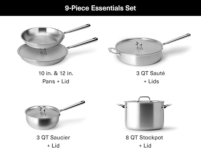 Misen 5-Ply Stainless Steel Cookware Set - Versatile Dishwasher Safe - 9-Piece Set - 10 Skillet 12 Skillet + Lid 3 QT Saute Pan + Lid 3 QT Saucier + Lid 8 QT Stockpot + Lid