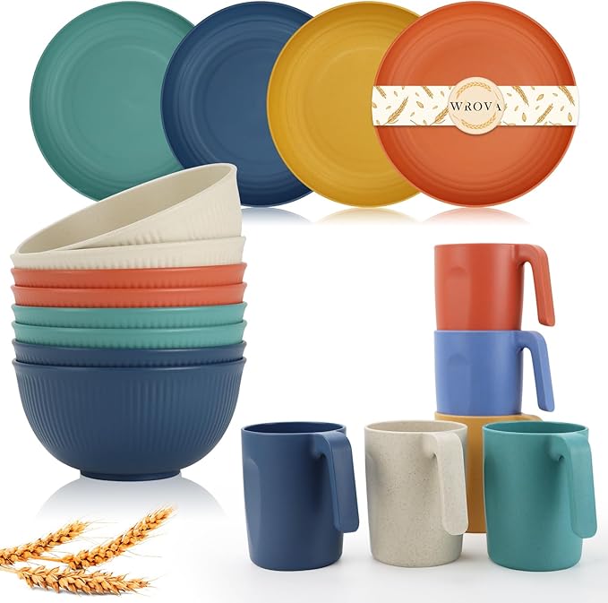 Wrova wheat straw plates and bowl sets with 16oz mugs - unbreakable dinnerware sets of 22 - Colorful Series2