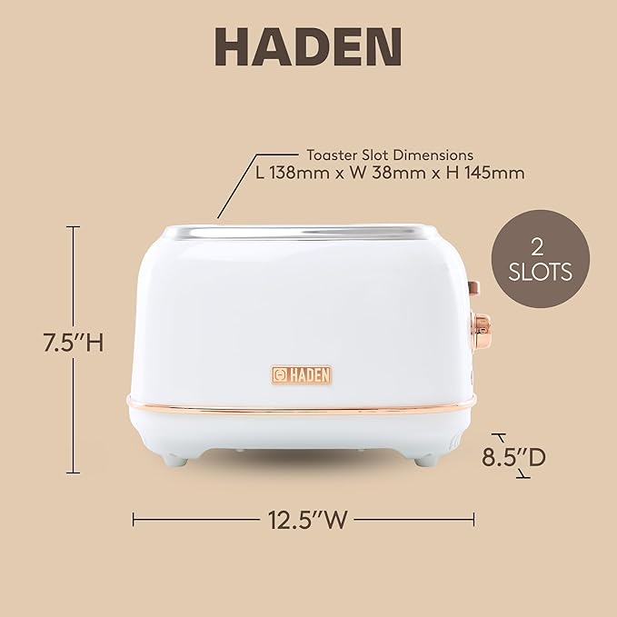 Haden Heritage 2-Slice Wide-Slot Toaster Stainless-Steel Bread Toaster with Adjustable Browning Control Crumb Tray &amp Non-Slip Feet Ivory &amp Copper