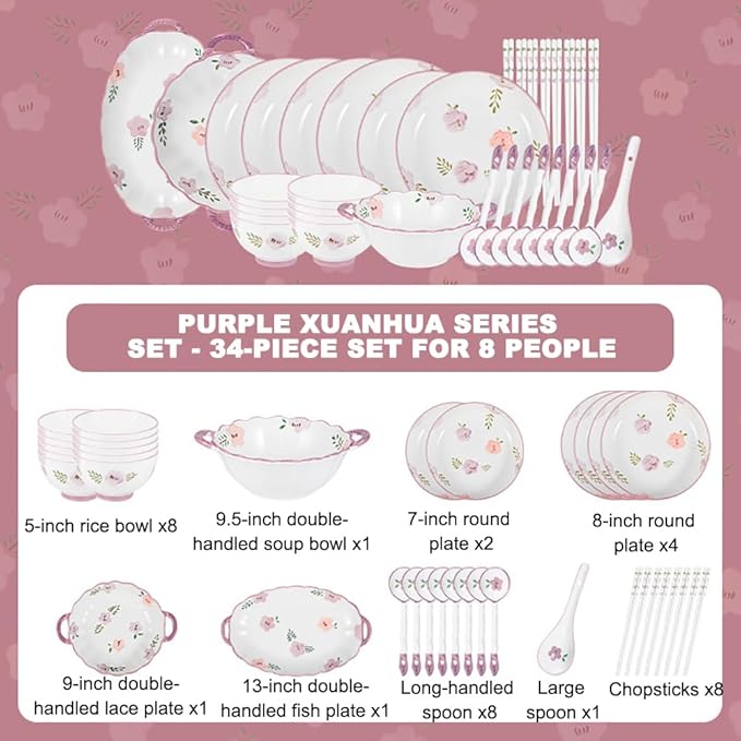 Modern Dinnerware Set Ceramic Plate And Bowl Set Serves 4-10 Purple Floral Dinnerware Set Dinner Salad Dessert Plate And Cereal Bowl SetC