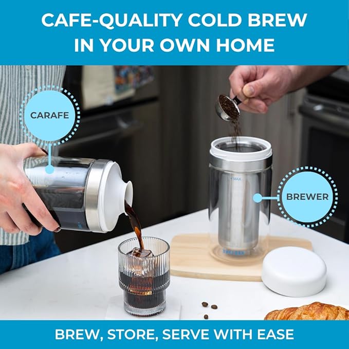 Cold Brew Coffee Maker Set (Brewer &amp Carafe) Up to 12 Servings of Concentrate Reusable Stainless Steel Dual Filter Durable Borosilicate Glass &amp Spill-Proof Pouring Spout 16.9 fl oz / 500ml