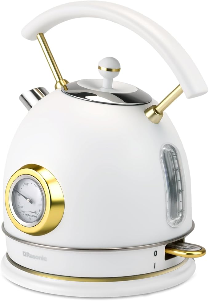 Rasonic Retro Electric Kettle Stainless Steel 1.8L Tea Water Boiler 1500W Fast Quiet Boil Temperature Gauge Auto Shut-Off Boil-Dry Protection White Champagne Gold