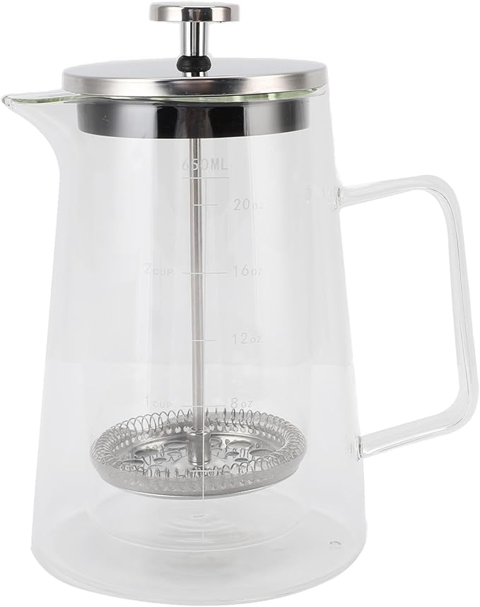 French Press Coffee Maker 650ML High Borosilicate Glass Coffee Plunger Pot with V Shape Spout and Temperature Proof Design for Home Studio Tea Room