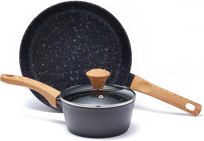 2-Piece Nonstick Cookware Set 10.25 Inch Frying Pan &amp 1.43QT Saucepan with Lid | PFAS &amp PFOA Free Non-Toxic Coating | Induction Compatible Dishwasher Safe | Pots and Pans Set for Beginner Ki