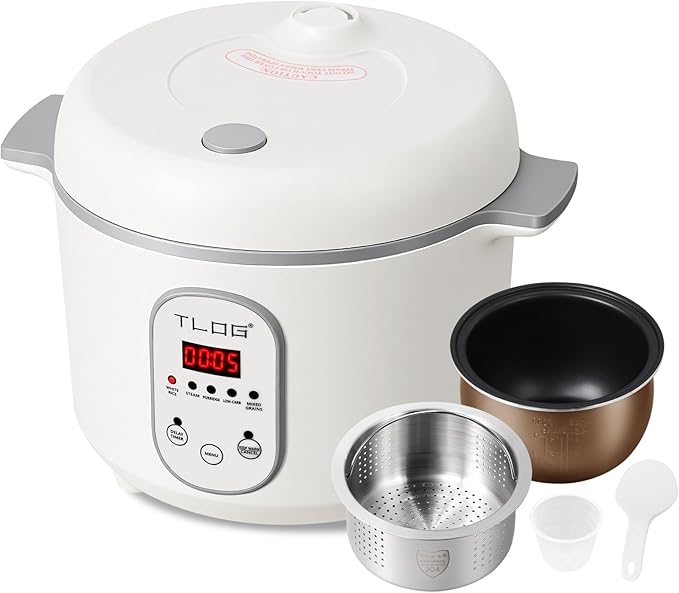 TLOG Low Carb Rice Cooker 2L(8 Cups Cooked) Low Sugar Healthy Rice Maker with 304 Stainless Steel Steamer Basket 5 Cooking Presets 24H Timer &amp Keep Warm Function