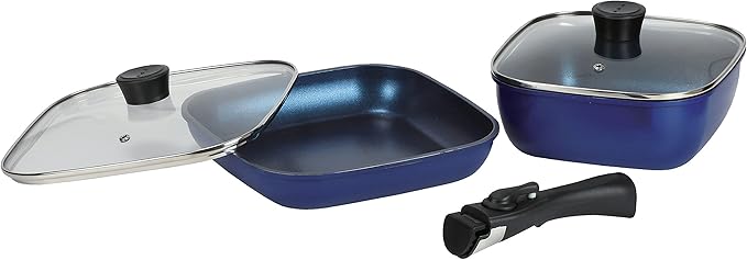 Pearl Metal HB-5919 Cookware Set of 5 Square Blue Diamond Coat Navy Induction Compatible Oven Safe Stack Plus