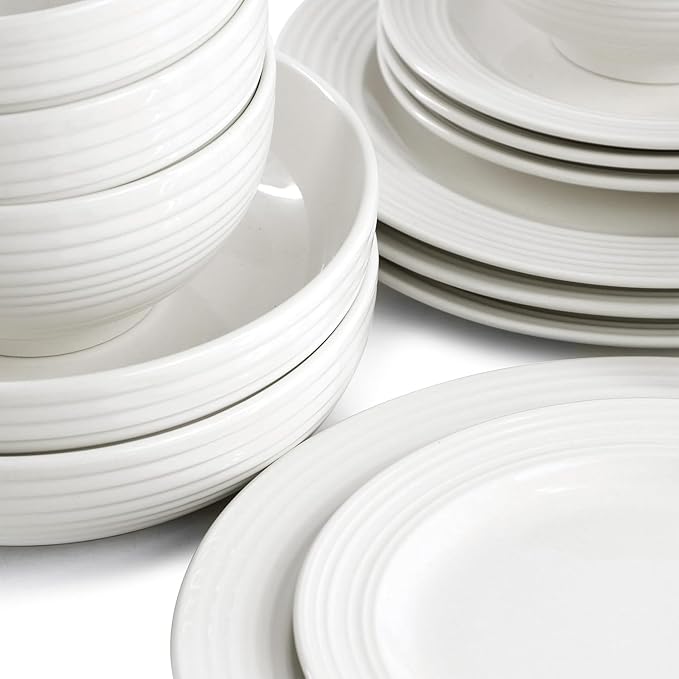 18 Piece Ribbed White Porcelain Dinnerware and Serving Bowl Set – Dishwasher &amp Microwave Safe Service for 6