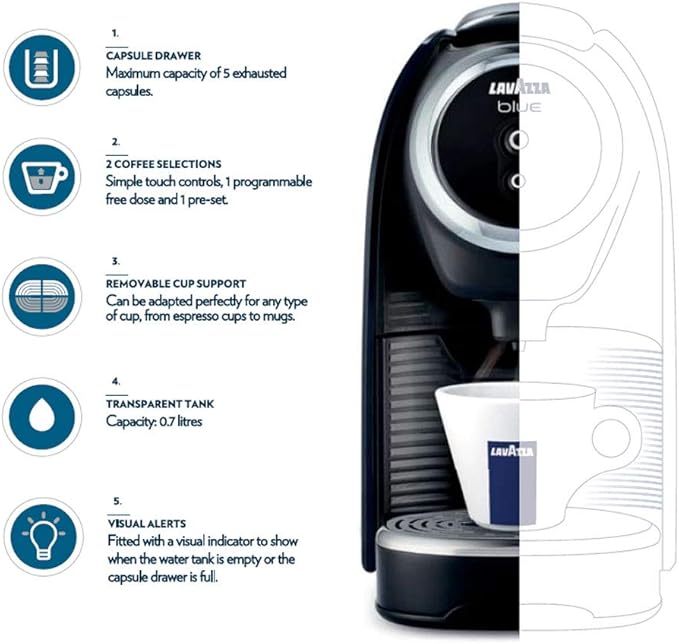 Lavazza BLUE Classy Mini Single Serve Espresso Coffee Machine LB 300 5.3 x 13 x 10.2 2 Coffee selections: simple touch controls 1 programmable free dose and 1 pre-set