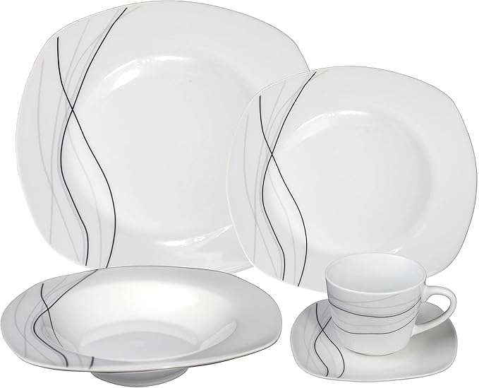 Stylish and Elegant 20 Pieces Porcelain Square Dinnerware Set Service for 4 People for Hosting Parties and Events - Silver and Black Confetti Theme Design