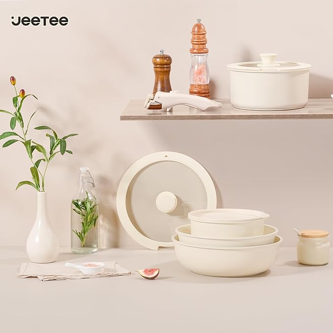 JEETEE Pots and Pans Set Non Stick 19pcs Kitchen Cookware Sets with Detachable Handle Induction Nonstick Cookware Set with Removable Handle Stackable RV Cookware Oven Safe PFAS/PFOA Free Beige