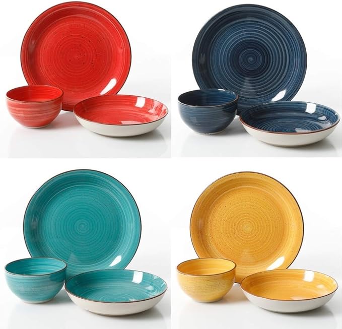 12 Piece Mix and Match Double Bowl Stoneware Dinnerware Set Modern Swirl Design Dishwasher Microwave Safe Multi Colored Yellow Red Blue Dinnerware Set Dinner Plates Salad &amp Cereal Bowls Set