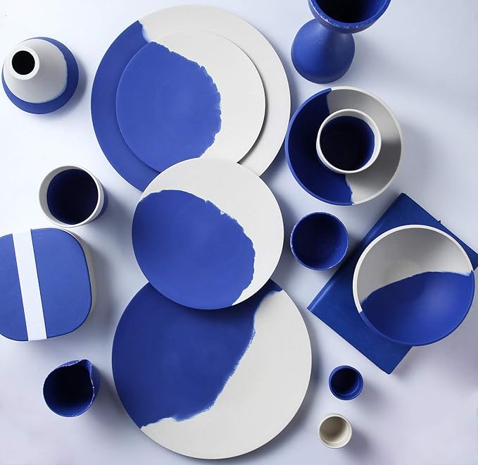 MORGIANA Bamboo Dinnerware Set 8-Pieces Reusable Tableware Set Eco-Friendly Plates Cups Bowls for Camping Picnic Outdoor Party (blue &amp white)