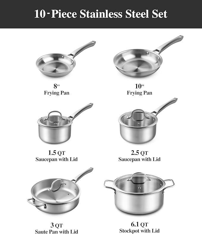 Stainless Steel Cookware SetTir-Ply Pots and Pans Set10 Pcs Stainless Steel Induction Kitchen Cookware SetsPFOA Free Frying Pans Butter warmerSaute Pan &amp Stock PotCompatible with All Cookto