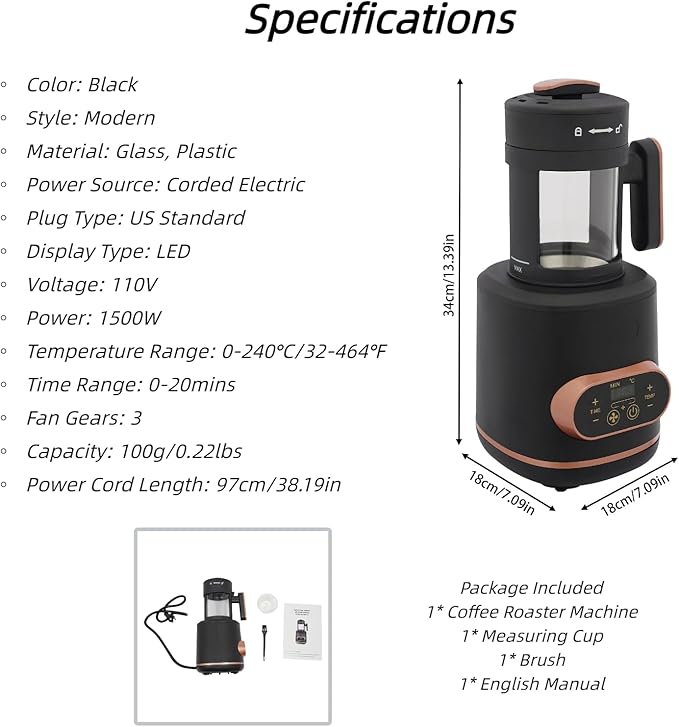 1500W Coffee Roaster Machine 0.22lbs Portable Baking Machine Aadjustable Temperature Compact Coffee Bean Baker Roaster with Detachable Design for Home Office