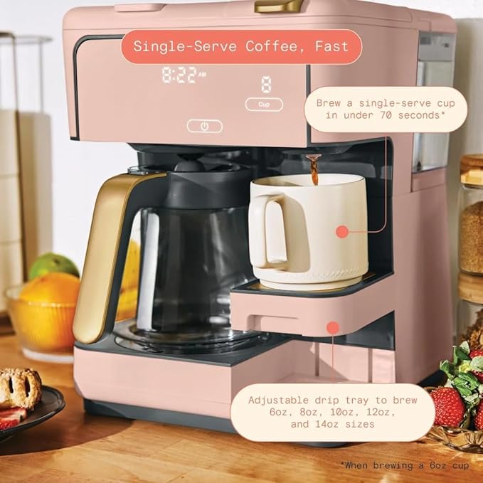 Beautiful Multi-Brew Commercial-Grade 12-Cup &amp Single-Serve Coffee Maker with Over Ice Option for Business and Personal Use by Drew Barrymore (Rose)