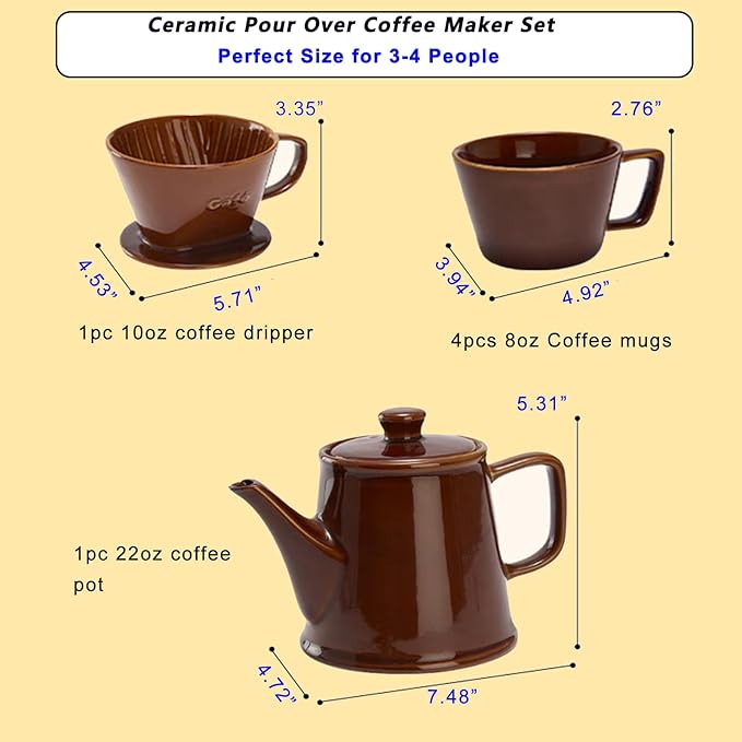 Wild Lily's Spring 22 Oz Vintage Ceramic Pour Over Coffee Maker Set with 4 Coffee Mugs Ceramic Coffee Pot &amp 3-Hole Dripper Set Perfect for 3-4 People at Home in Cafés and Restaurants (Caramel)