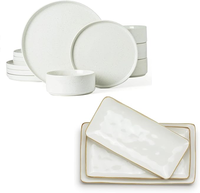Famiware Nebula Plates and Bowls Sets + 3 Pcs Ocean Rectangular Serving Platter 15-Piece Dinnerware Sets for 4 White