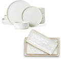 Famiware Nebula Plates and Bowls Sets + 3 Pcs Ocean Rectangular Serving Platter 15-Piece Dinnerware Sets for 4 White