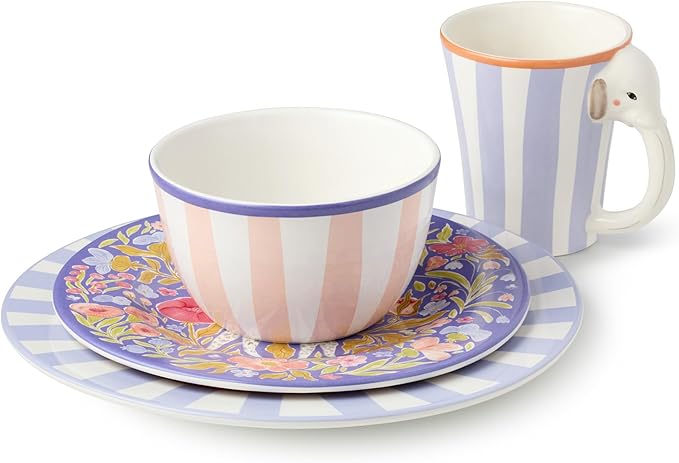 Menagerie 16-Piece Ceramic DINNERWARE SET SERVICE for 4 with Assorted Animal-Themed Dinner Plates Salad Plates 3-D Handle Mugs and Ice Cream Bowls in Pastel Circus Colors
