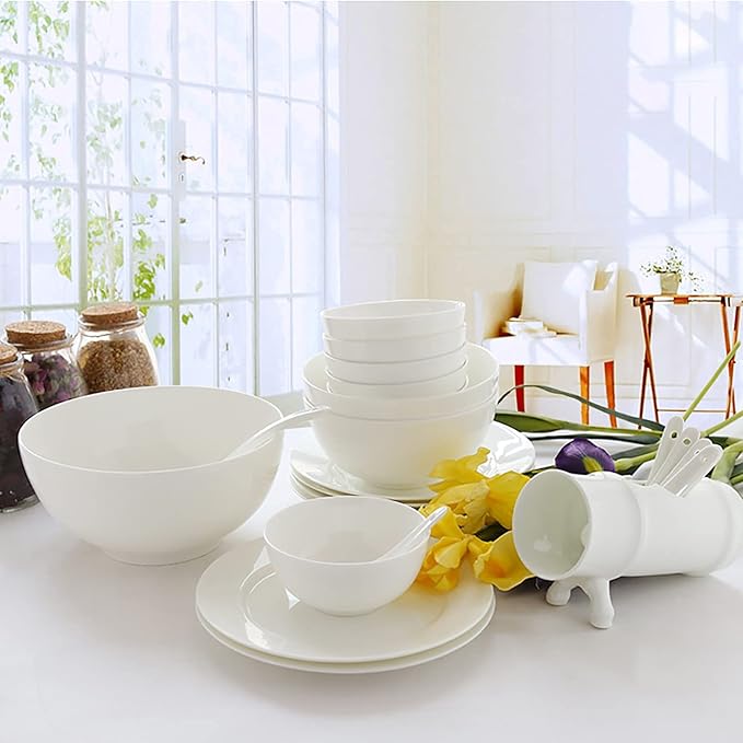 Bone China Dinnerware Set White Porcelain Round Dinner Dining Tableware Combi-Set with Cereal Noodle Bowl Dessert Soup Fish Plates Microwave and Oven Safe