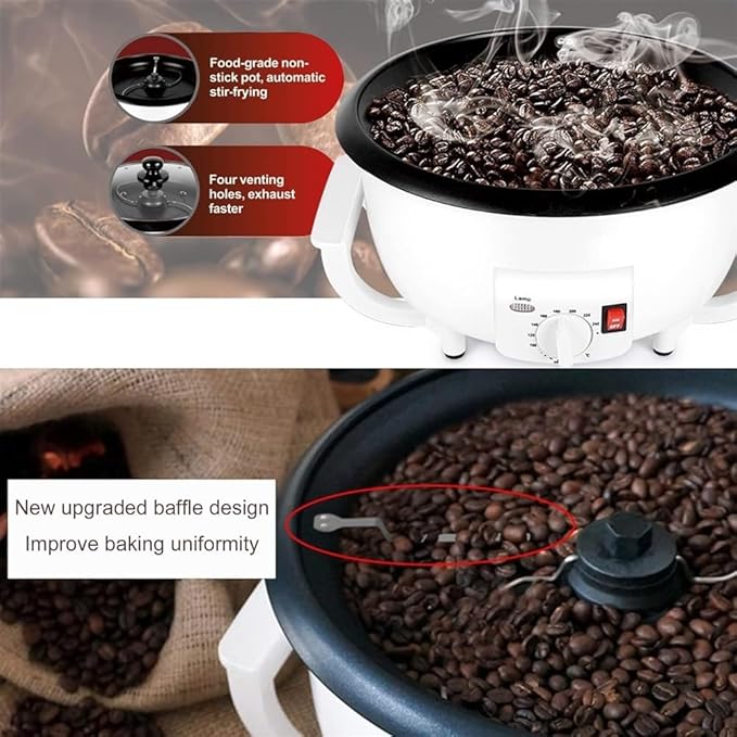 Electric Beans Baking Machine Coffee Roaster Machine 1200W Household Coffee Beans Roasting Machine 0-240°C Adjustable Temperature Heat Evenly 800g Capacity