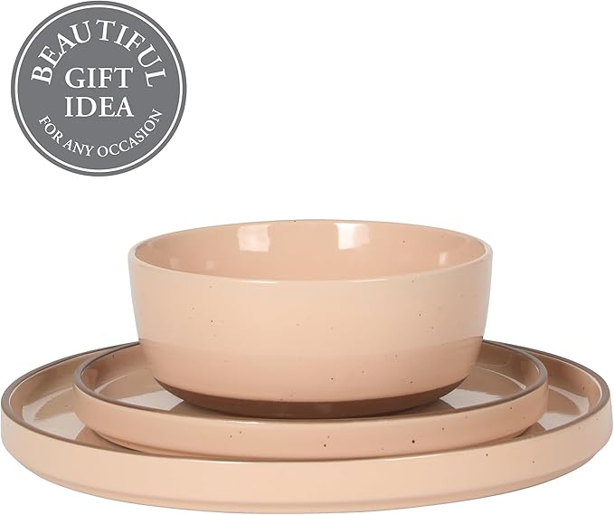 Gibson Elite Northrock Stoneware Dinnerware Set 12-Piece Service for 4 Plates and Bowls Set – Pink Dishes with Hand-Painted Terracotta Base