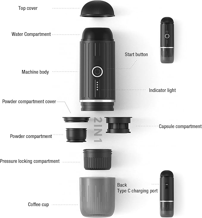 ZJchao Portable Coffee Maker 2 in 1 19BAR Pressure Electric Heating Travel Coffee Maker Mini Machine Travel Coffee Maker with Spoon Capsule Box for Camping Hiking Office Use