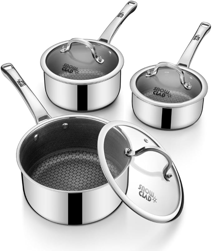 Sauce pan with lid1.5 Quart &amp 2.5 Quart &amp 3.5 Quart Hybrid Nonstick Sauce pans set Stainless Steel cookwarenon stick Pots PFOA FreeWorks on InductionCeramic and Gas Cooktops